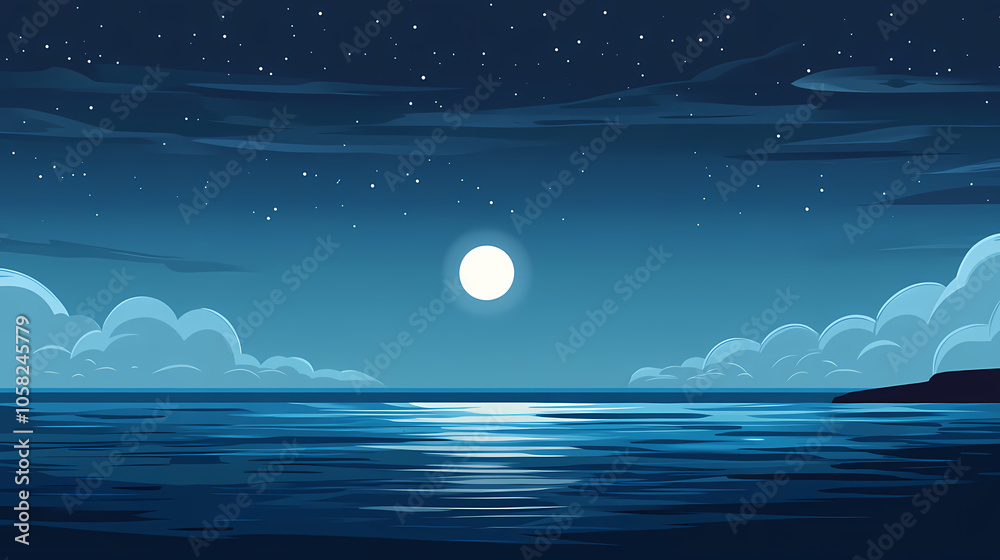 A serene moonlit ocean scene, showcasing tranquil waters and a starlit sky, perfect for evoking peace and calmness. Moonlit Ocean. Illustration