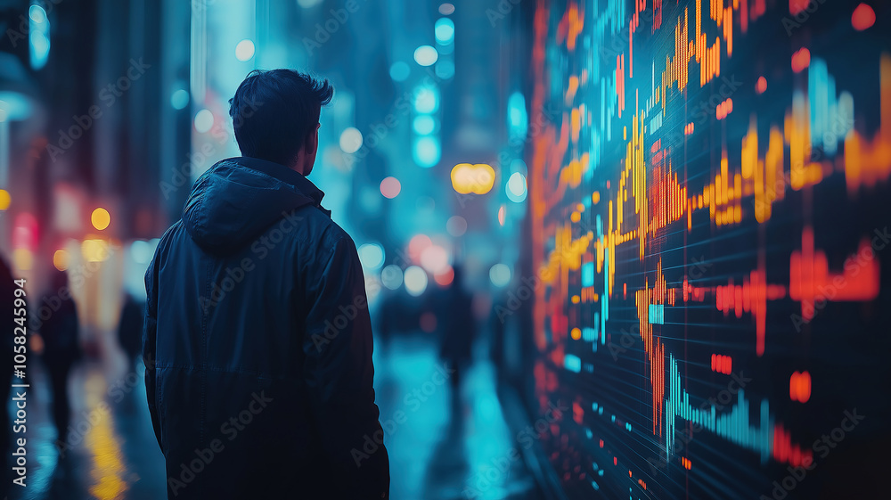 Visualizing market dynamics with a businessman analyzing financial graphs on a virtual screen Visualizing market dynamics with a businessman analyzing financial graphs on a virtual screen