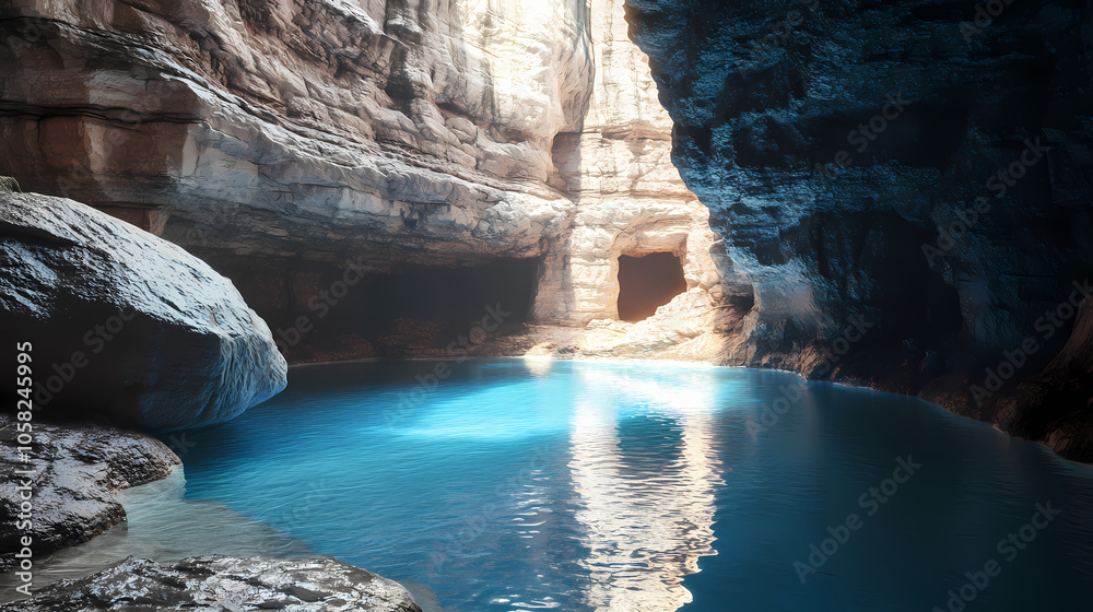 A serene oasis hidden within a dramatic canyon, with a blue pool reflecting the sunlight. Hidden Oasis. Illustration A serene oasis hidden within a dramatic canyon, with a blue pool reflecting the sunlight. Hidden Oasis. Illustration