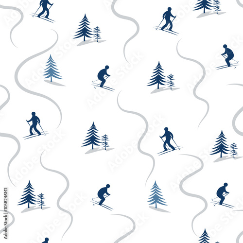 Skiing seamless pattern, skiers downhill vector print. Minimalist pattern background for winter holiday, ski resort, active lifestyle.