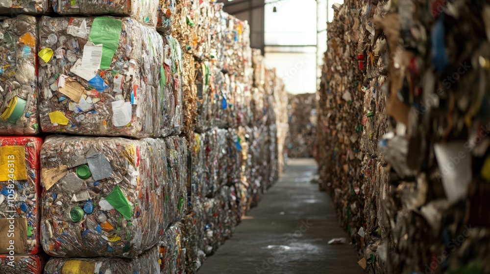 Fototapeta premium Eco-Friendly Recycling Process with Bins for Plastic, Glass, and Paper Materials