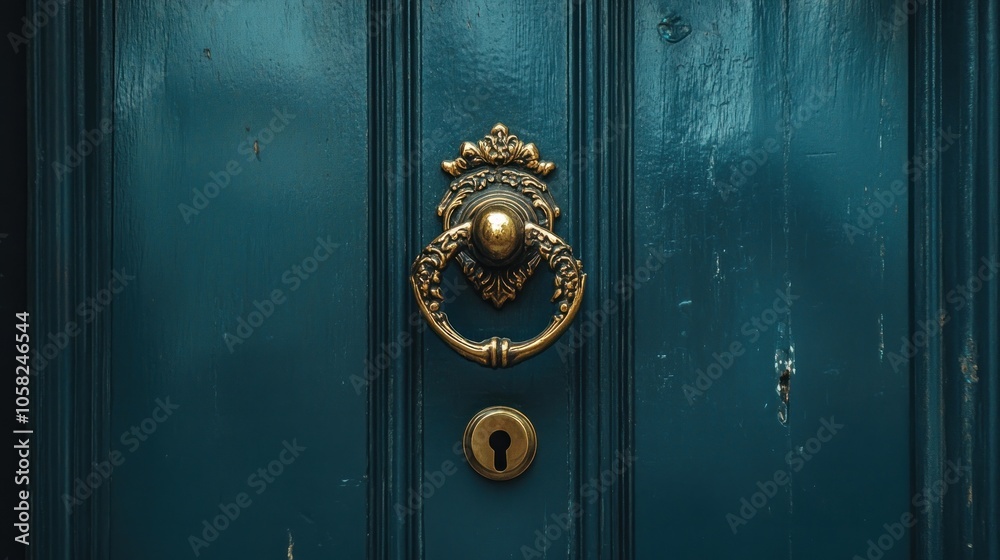 A close-up view of a brass door knocker on a teal blue door. A close-up view of a brass door knocker on a teal blue door.