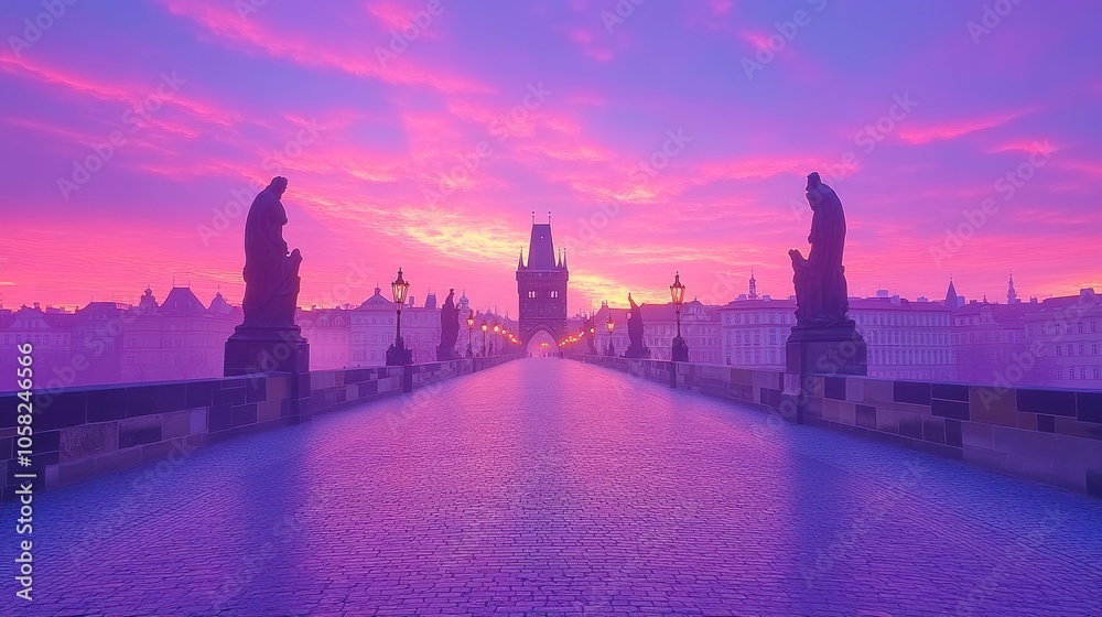 Obraz premium A picturesque sunrise over Charles Bridge in Prague, with the city skyline in the distance.