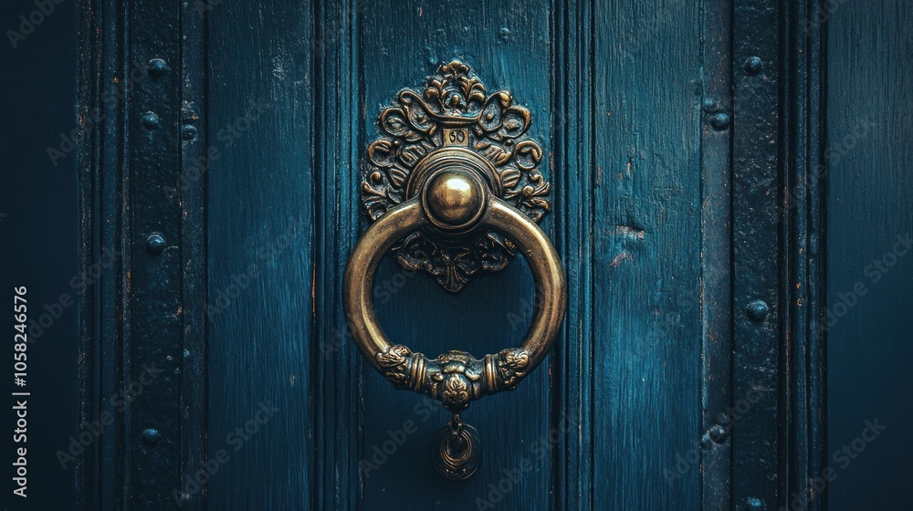 An ornate brass door knocker on a dark blue wooden door. An ornate brass door knocker on a dark blue wooden door.