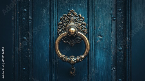 An ornate brass door knocker on a dark blue wooden door.