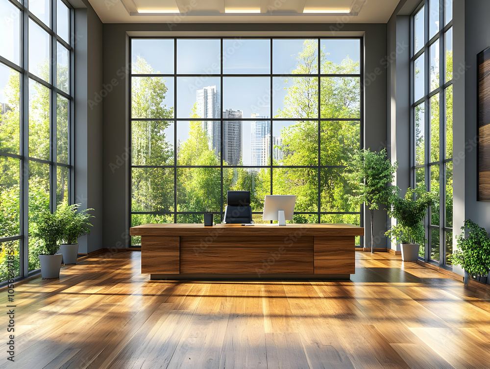Modern Office Illustration with City View and Hardwood Floors Modern Office Illustration with City View and Hardwood Floors