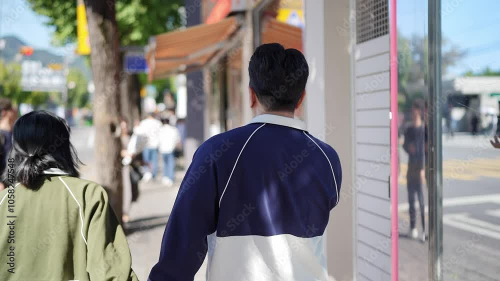 A couple, a Korean man in his 30s and a woman in her 20s, wearing tracksuits, enjoy an afternoon stroll on a public road in Seoul, South Korea. A couple, a Korean man in his 30s and a woman in her 20s, wearing tracksuits, enjoy an afternoon stroll on a public road in Seoul, South Korea.