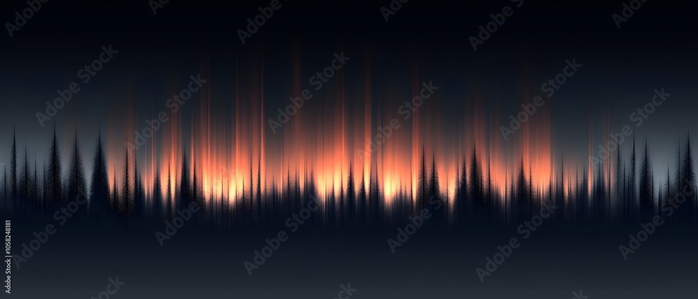 Naklejka premium A striking digital abstraction featuring vertical lines in shades of dark blue and orange, reminiscent of a sunrise or sunset blending into a tranquil night sky.