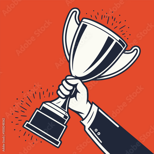 illustration of a man holding a winning trophy. medal, award, winner, hand, cup, prize, hold, place, first, gold, design, vector, ribbon, badge, Adobe Vector.