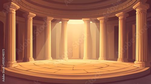 A large circular stone greek style column room with stone pillars. Ancient Relic Room. Illustration