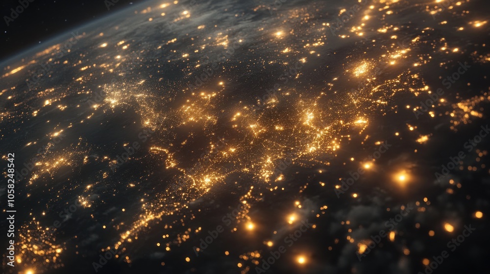 Naklejka premium A satellite view of Earth at night, with the lights of major cities illuminating the landscape. The image shows the vastness of human civilization and its impact on the planet.