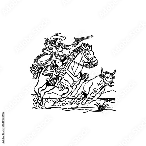 cowgirl catching a cow line art hand drawing illustration