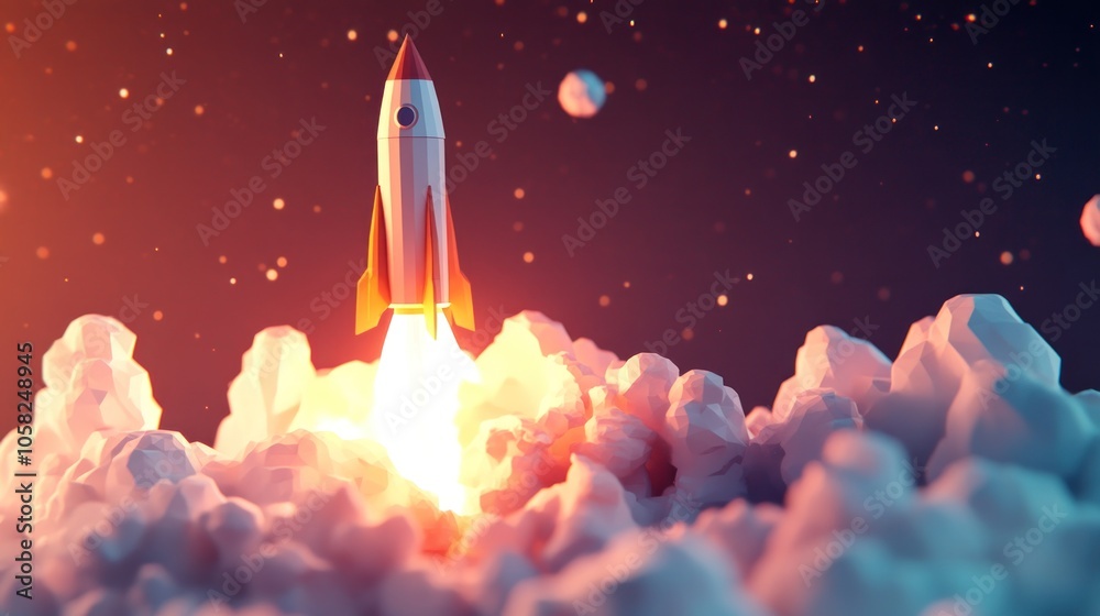 A rocket launching into space amidst clouds and stars, symbolizing exploration and innovation. A rocket launching into space amidst clouds and stars, symbolizing exploration and innovation.