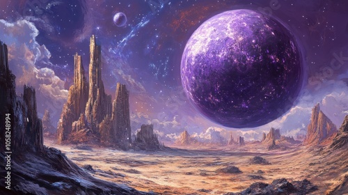 A desolate alien landscape with towering rock formations and a large purple planet in the sky.