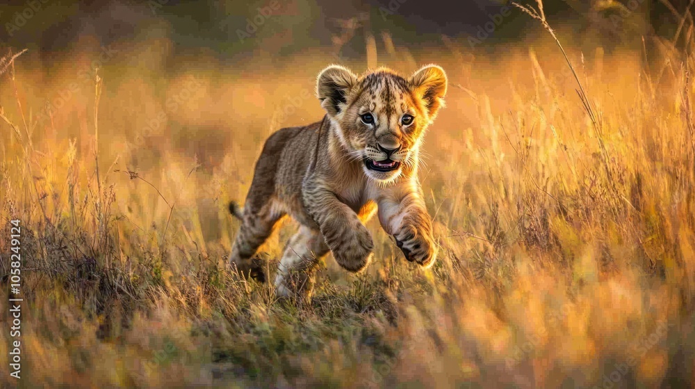A playful lion cub runs through tall grass in the golden light of the setting sun.