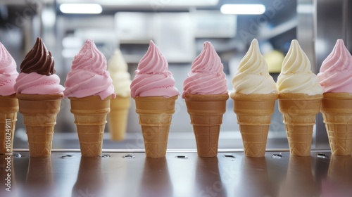 A row of six ice cream cones with different flavors, including chocolate, strawberry, and vanilla. photo