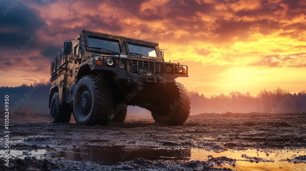 A military vehicle drives through a muddy field at sunset. A military vehicle drives through a muddy field at sunset.