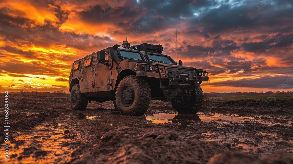 A military vehicle drives through a muddy field with a dramatic sunset in the background. A military vehicle drives through a muddy field with a dramatic sunset in the background.