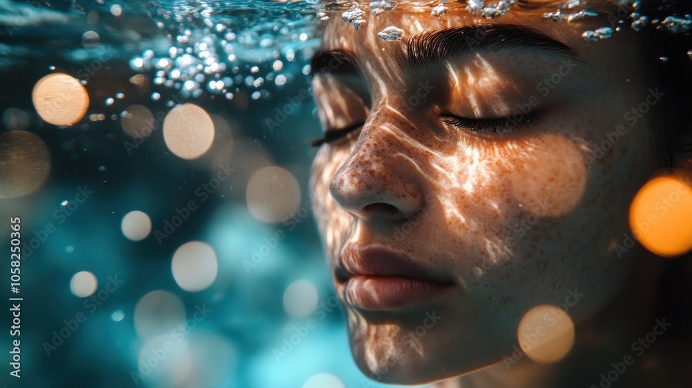 A young woman with her eyes closed is underwater, with light from the surface illuminating her face and creating a bokeh effect. A young woman with her eyes closed is underwater, with light from the surface illuminating her face and creating a bokeh effect.