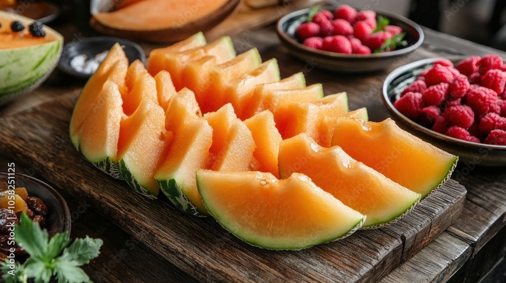 A platter of sliced cantaloupe and raspberries, showcasing fresh fruits for a healthy meal. A platter of sliced cantaloupe and raspberries, showcasing fresh fruits for a healthy meal.