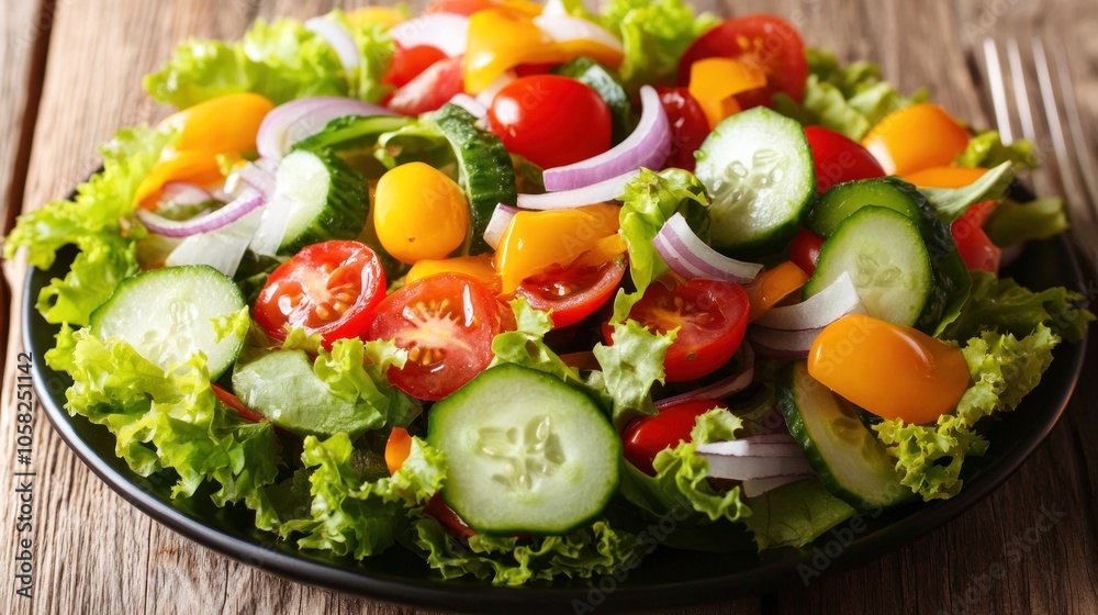 A vibrant salad featuring fresh greens, tomatoes, cucumbers, and onions on a wooden table. A vibrant salad featuring fresh greens, tomatoes, cucumbers, and onions on a wooden table.