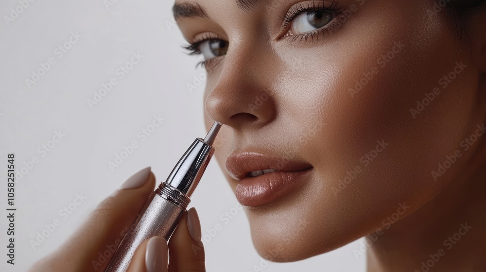 Woman applying makeup on her face with a silver applicator. Woman applying makeup on her face with a silver applicator.