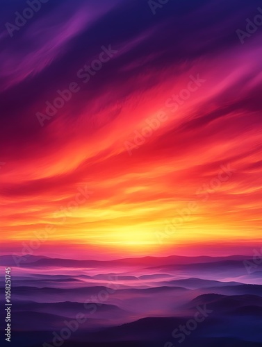 A breathtaking sunrise paints the sky in vibrant shades of orange, purple, and pink over rolling hills, creating a serene and tranquil landscape.