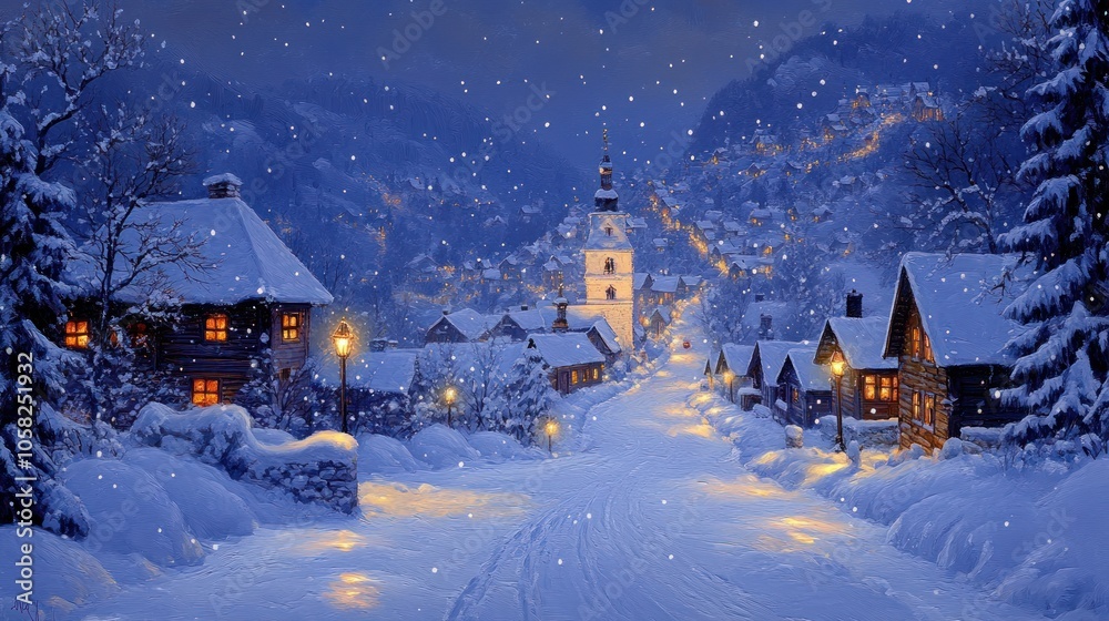 A quaint snowy village with a church at the end of the street, lit by lampposts and falling snow. A quaint snowy village with a church at the end of the street, lit by lampposts and falling snow.