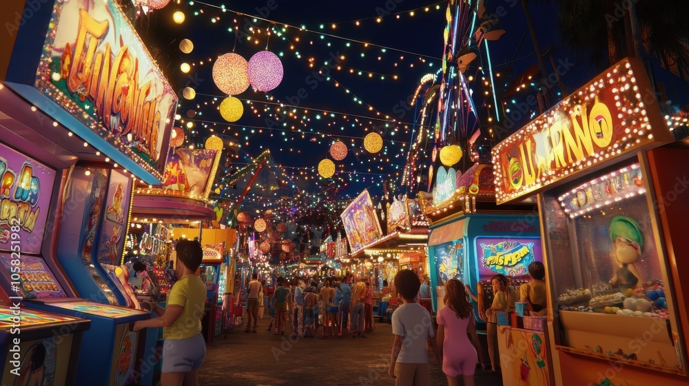 3D effect of a bustling carnival midway with game booths, bright lights, and excited visitors 3D effect of a bustling carnival midway with game booths, bright lights, and excited visitors