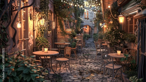 A charming scene featuring a hidden cafe in an urban alley