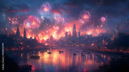 A Vibrant City Skyline Illuminated by Colorful Fireworks, Reflecting on a River Below, Celebrating Festive Occasions 