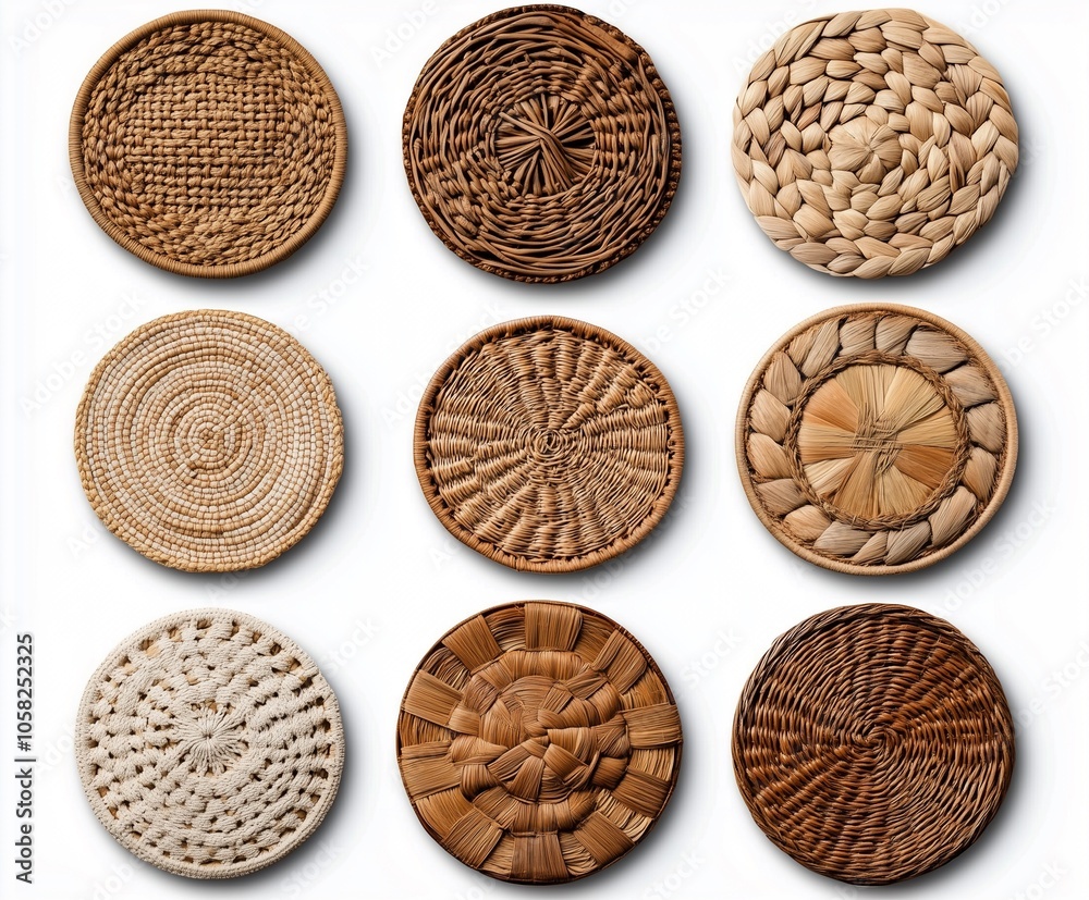 A collection of intricately woven round baskets in various natural colors and patterns, showcasing craftsmanship and texture. A collection of intricately woven round baskets in various natural colors and patterns, showcasing craftsmanship and texture.