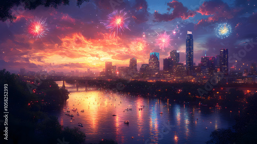 A Vibrant City Skyline Illuminated by Colorful Fireworks, Reflecting on a River Below, Celebrating Festive Occasions 