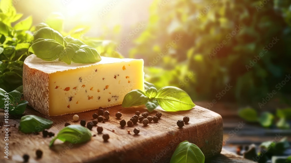 A wedge of cheese garnished with fresh basil on a wooden board, surrounded by peppercorns. A wedge of cheese garnished with fresh basil on a wooden board, surrounded by peppercorns.