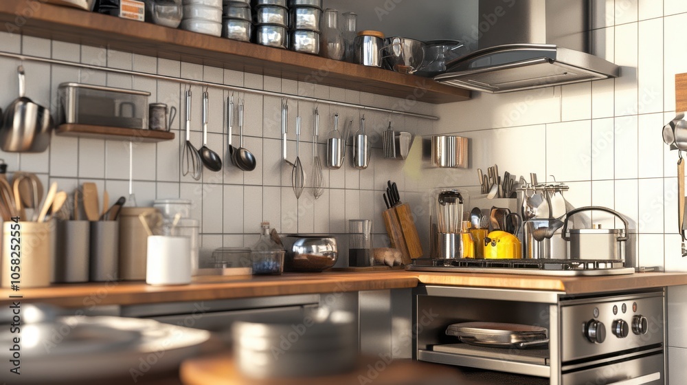 3D effect of a compact kitchen with detailed space-saving appliances, organized utensils, 3D effect of a compact kitchen with detailed space-saving appliances, organized utensils,