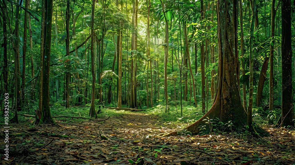 Obraz premium Show sunlight streaming through tall trees, creating a warm glow on the forest floor covered with leaves.