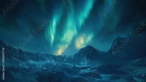 A vibrant green aurora borealis illuminates a snow-covered mountain range under a dark starry sky.