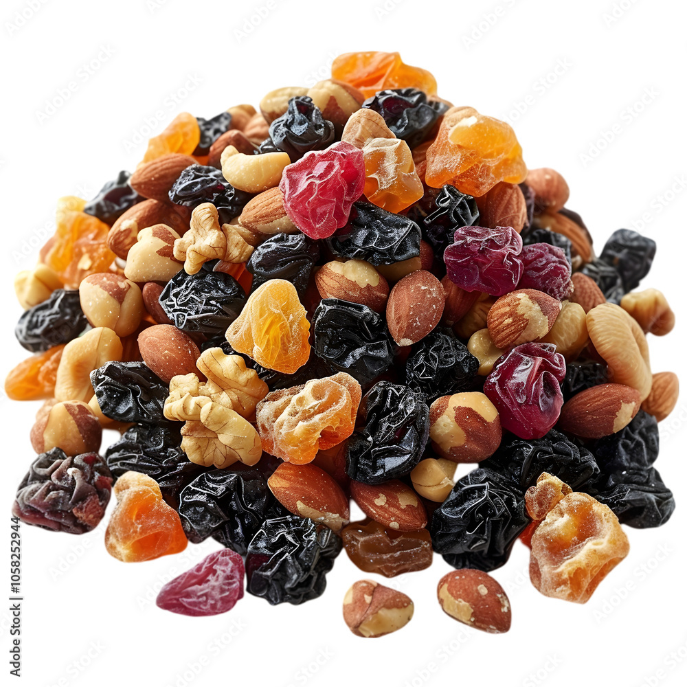 Trail Mix with Nuts and Dried Fruit Isolated on White Background Trail Mix with Nuts and Dried Fruit Isolated on White Background