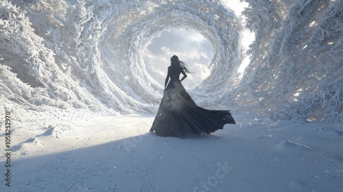 Dark Enchantress in Snowy Clearing - Mystical 3D Render with Swirling Snowstorm | Ultra-Detailed Fantasy Illustration