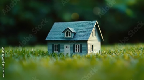 A miniature house sits on lush green grass, symbolizing home and tranquility.