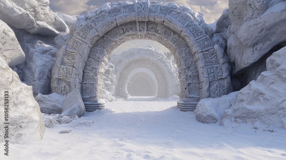 Fototapeta premium Enchanted Stone Archway to a Hidden Realm - Mystical 3D Render with Ancient Symbols and Snow, Dark Wind Whispers, Detailed Fantasy Landscape