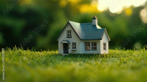 A small model house on green grass, symbolizing home and tranquility.