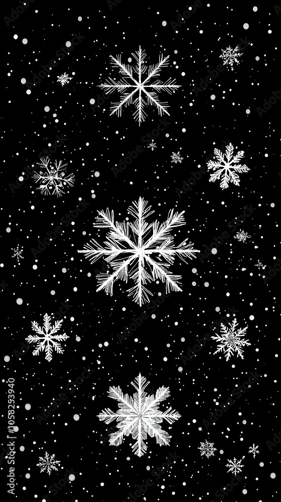 Snowflake Winter Illustration Background - White Snowflakes on Black Snowflake Winter Illustration Background - White Snowflakes on Black
