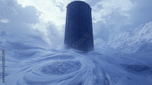 Enigmatic Dark Sorcerer's Tower in Blizzard - 3D Render with Intricate Ice Runes, Mysterious and Powerful Atmosphere.