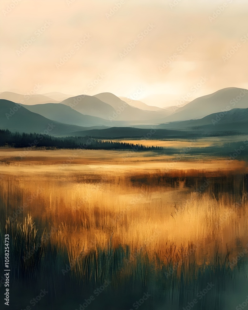 A serene landscape featuring rolling hills and golden fields under a soft, hazy sky, creating a peaceful and tranquil mood in warm tones. A serene landscape featuring rolling hills and golden fields under a soft, hazy sky, creating a peaceful and tranquil mood in warm tones.