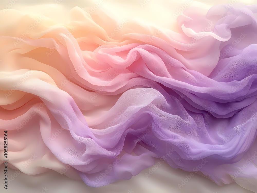 Obraz premium A delicate swirl of soft chiffon fabric in pastel hues of peach, pink, and lavender, creating a gentle, flowing texture that evokes a serene and dreamy atmosphere.