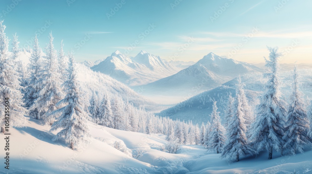 3D effect of a picturesque winter landscape with snow-covered trees, mountains, and a clear sky