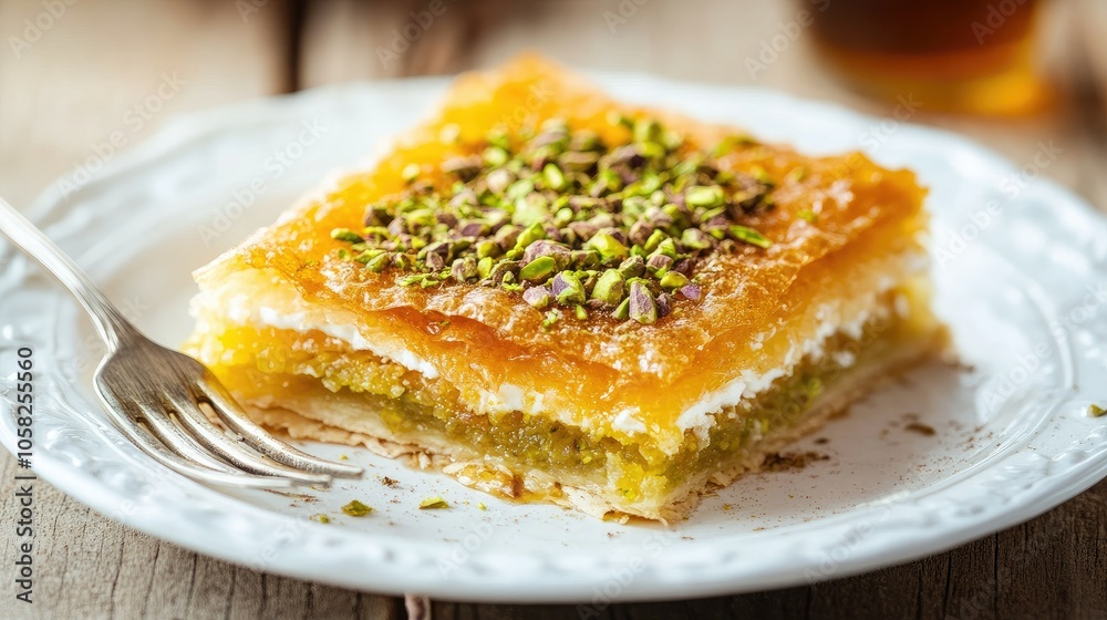 A portion of crispy knefe topped with a thick layer of pistachios, beautifully displayed with a fork ready to dig in. Sweet syrup glistens on top. A portion of crispy knefe topped with a thick layer of pistachios, beautifully displayed with a fork ready to dig in. Sweet syrup glistens on top.
