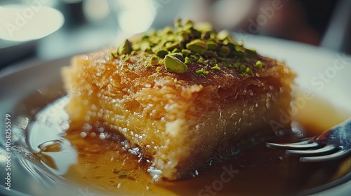 A portion of crispy knefe topped with a thick layer of pistachios, beautifully displayed with a fork ready to dig in. Sweet syrup glistens on top. photo