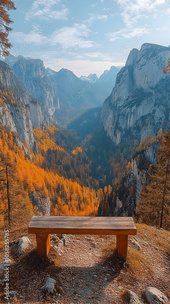 Autumn Mountain View Illustration with Wooden Bench and Forest